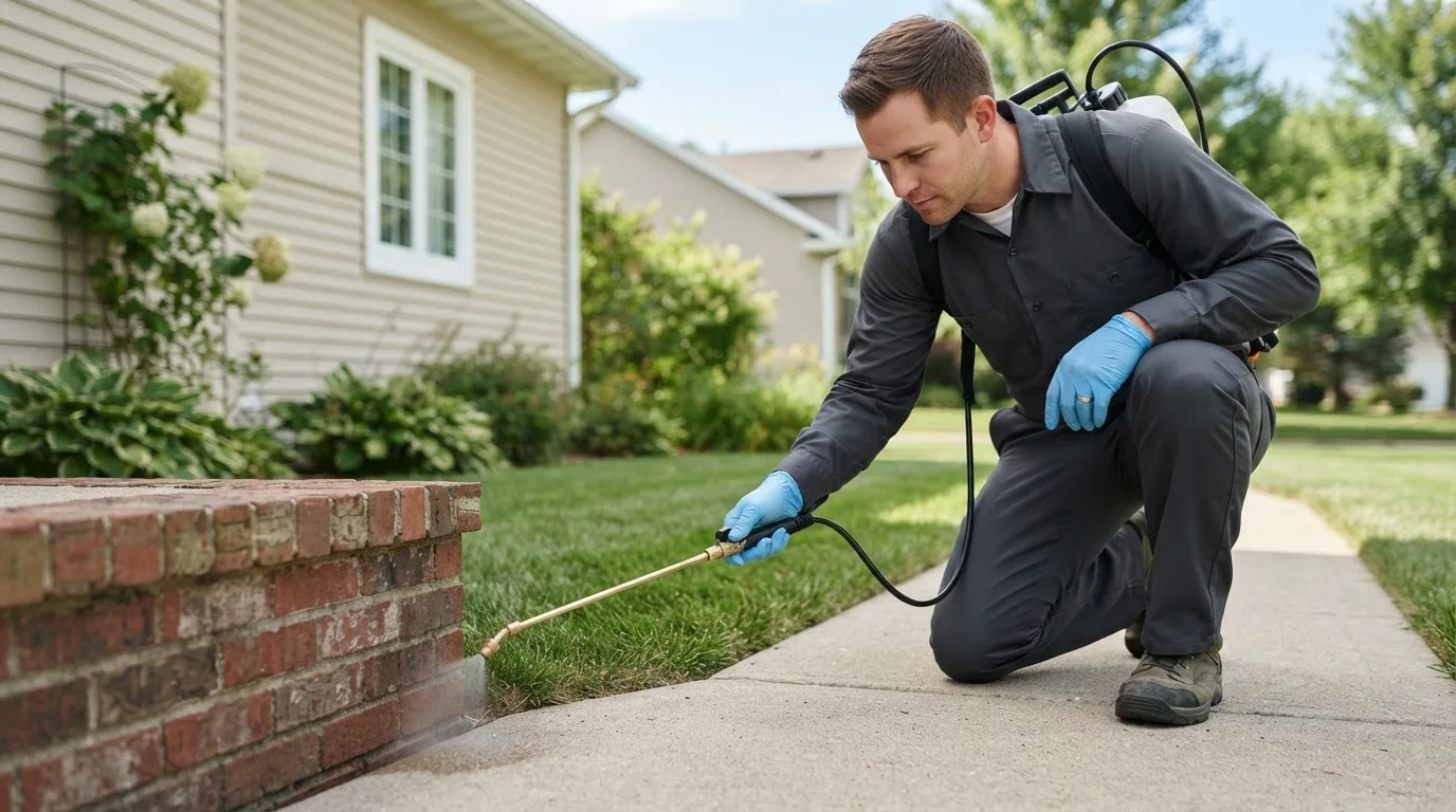 Pest control technician treating a home near Wellsville, MO