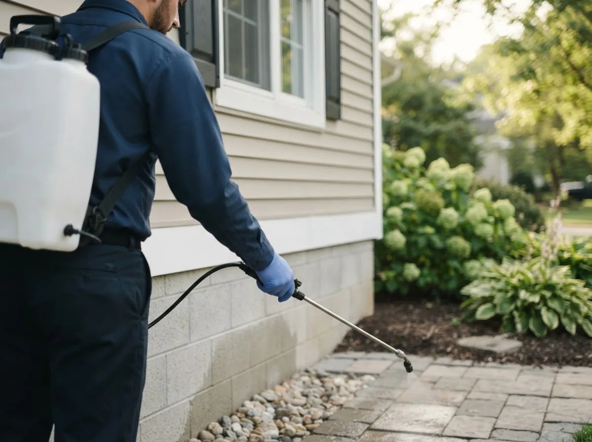 Pest control technician inspecting a home in Wellsville, MO